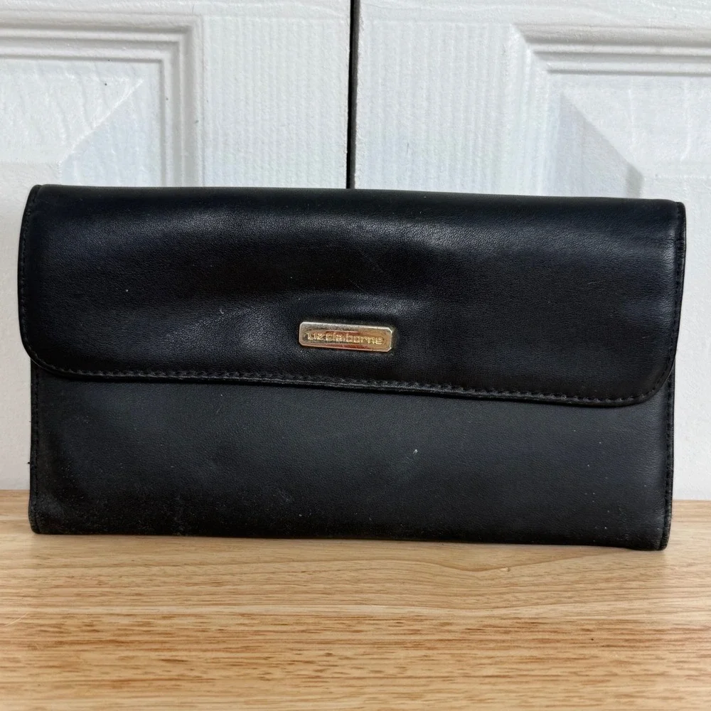 Liz Claiborne Leather Wallet OS Black Minimalist Y2K Continental Clutch‎